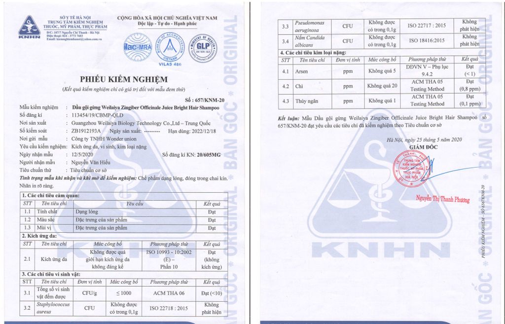 Giấy kiểm nghiệm Dầu gội Gừng Hà Thủ Ô