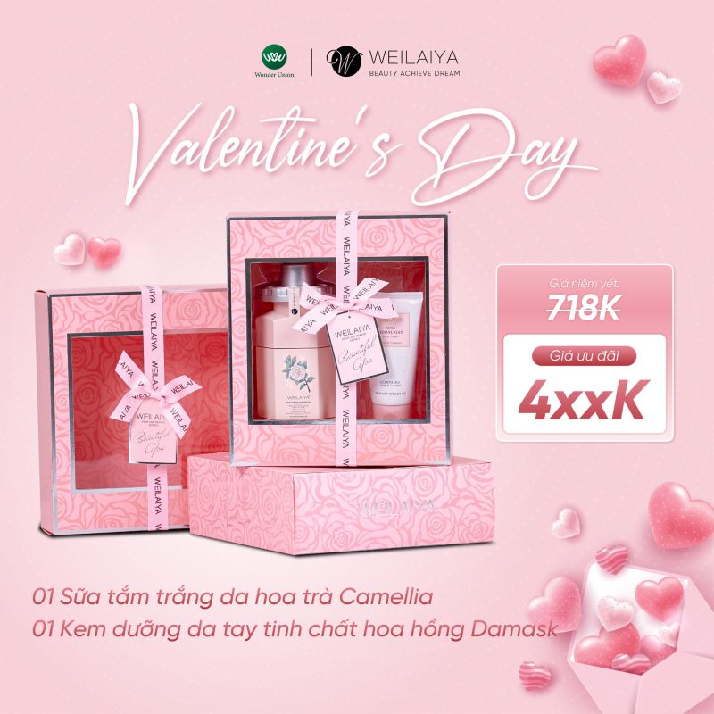 Hộp quà Pink Rose gồm Sữa tắm Hoa trà và Kem tay Weilaiya